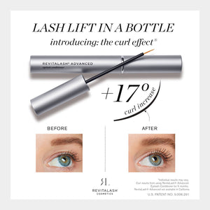 Advertisement for Lash Lift in a Bottle by RevitaLash: Features mascara-like applicator claiming 17% curl increase; perfect when paired with RevitaLash Advanced Eyelash Conditioner and Enhancing Serum for visibly curled and conditioned lashes.