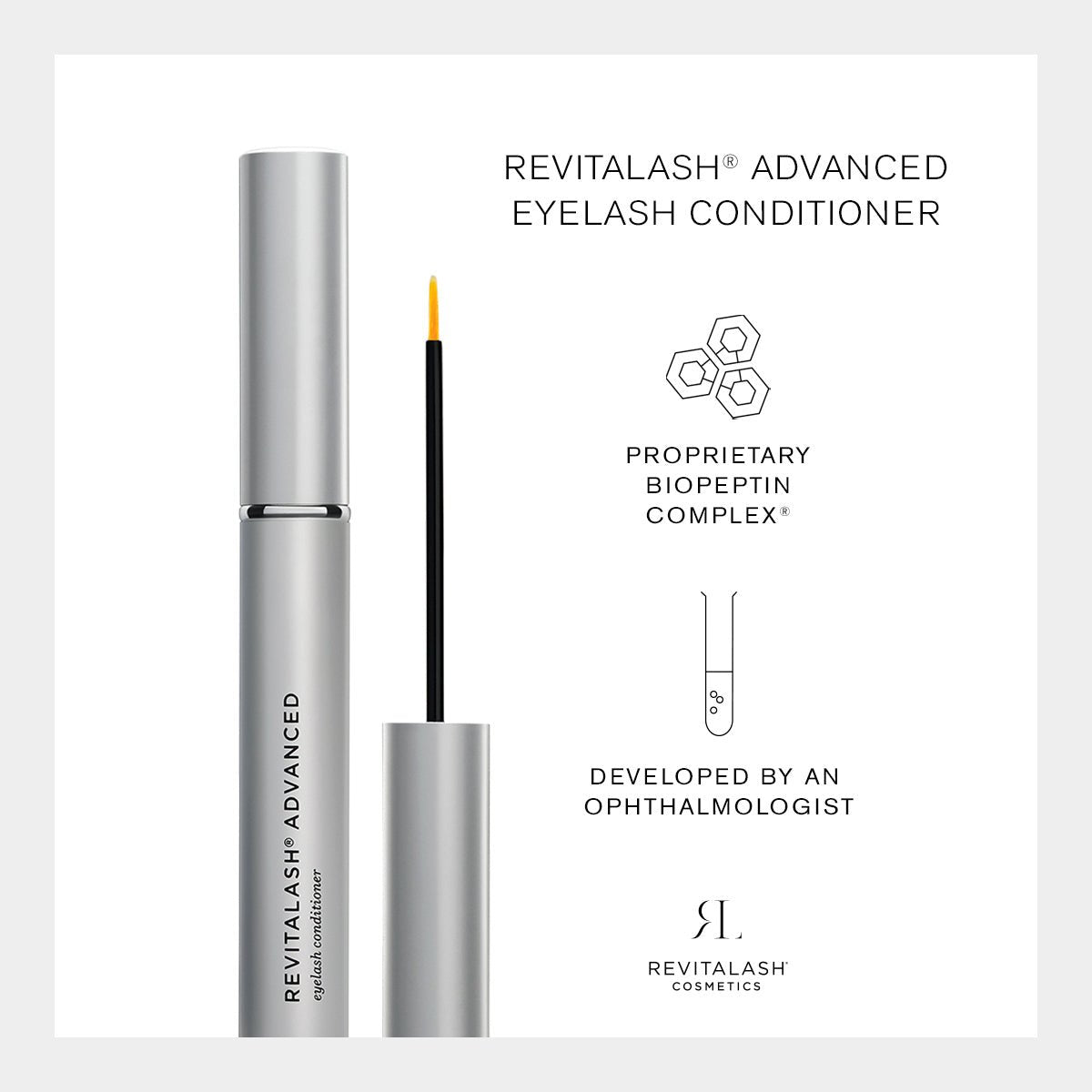 An image of the RevitaLash Advanced Eyelash Conditioner and Enhancing Serum in a silver tube with a fine brush applicator highlights its proprietary formula, BioPeptin Complex, developed by ophthalmologists, accompanied by the RevitaLash logo.