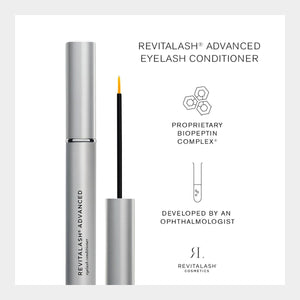 An image of the RevitaLash Advanced Eyelash Conditioner and Enhancing Serum in a silver tube with a fine brush applicator highlights its proprietary formula, BioPeptin Complex, developed by ophthalmologists, accompanied by the RevitaLash logo.