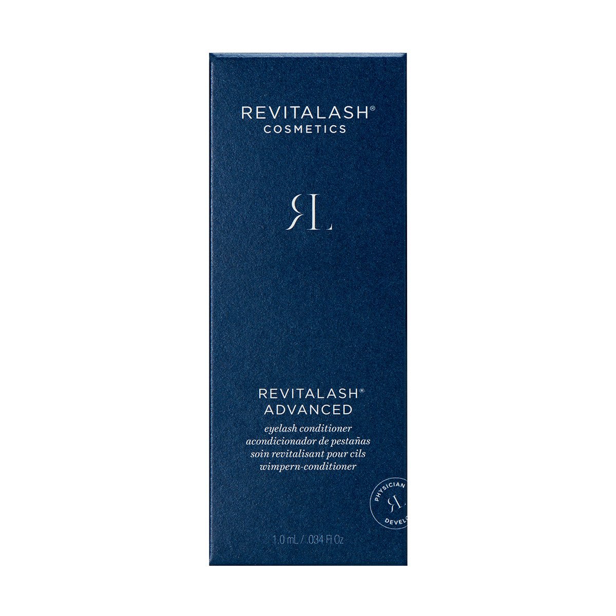 A navy box labeled RevitaLash with a silver RL logo highlights the RevitaLash Advanced Eyelash Conditioner and Enhancing Serum. It is packaged in a 1.0 mL / 0.034 fl oz size, offering premium lash care.