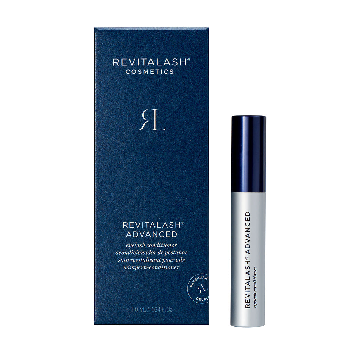 A blue RevitaLash box sits beside a slim, cylindrical bottle. The packaging states RevitaLash Advanced Eyelash Conditioner and Enhancing Serum (3 Sizes), emphasizing its benefits in multiple languages.