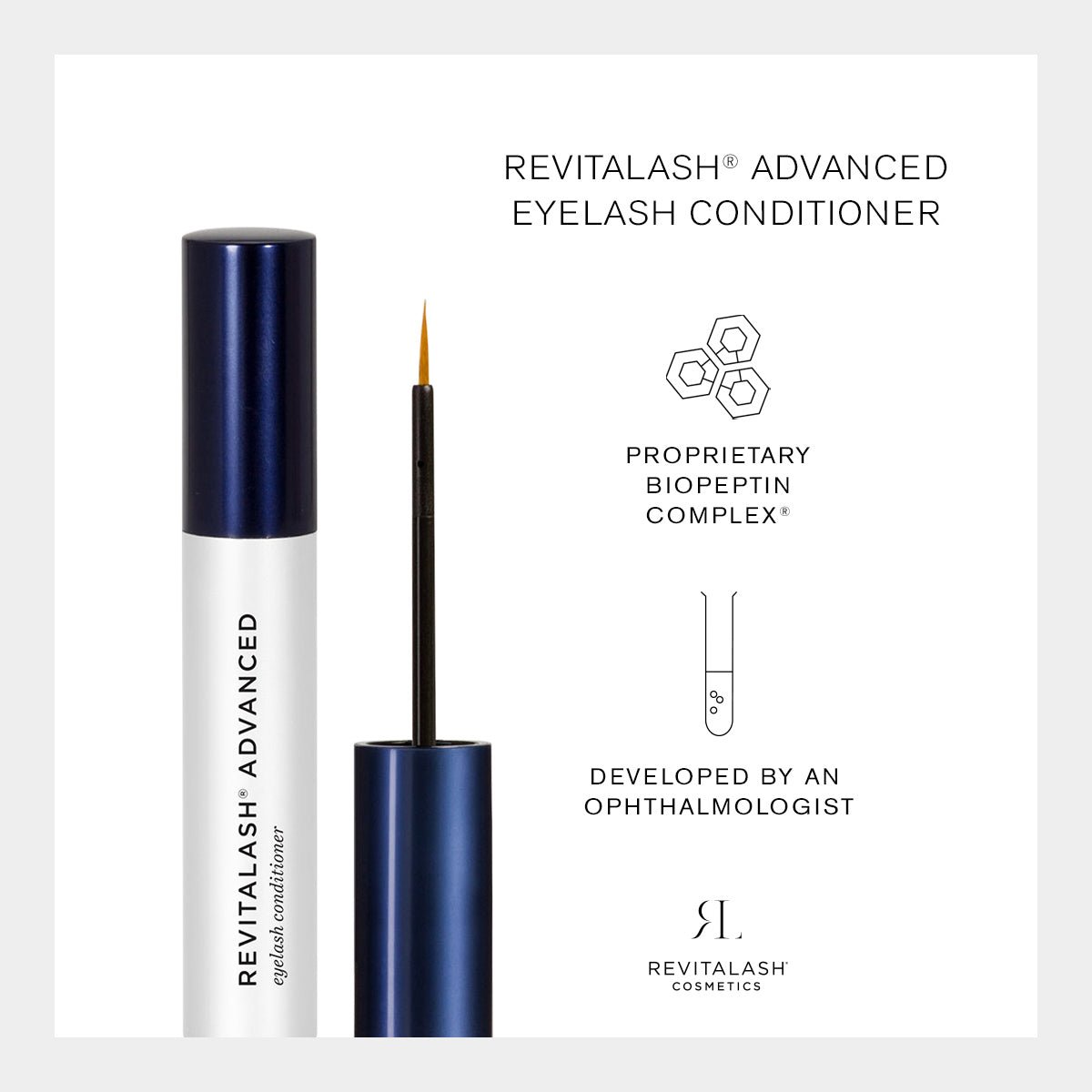 A pristine white background showcases a RevitaLash Advanced Eyelash Conditioner and Enhancing Serum tube with its wand. Highlighted text includes Proprietary Biopeptin Complex® and Developed by an Ophthalmologist. The RevitaLash logo appears beneath, emphasizing premium nourishing care for lashes.