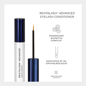 A pristine white background showcases a RevitaLash Advanced Eyelash Conditioner and Enhancing Serum tube with its wand. Highlighted text includes Proprietary Biopeptin Complex® and Developed by an Ophthalmologist. The RevitaLash logo appears beneath, emphasizing premium nourishing care for lashes.