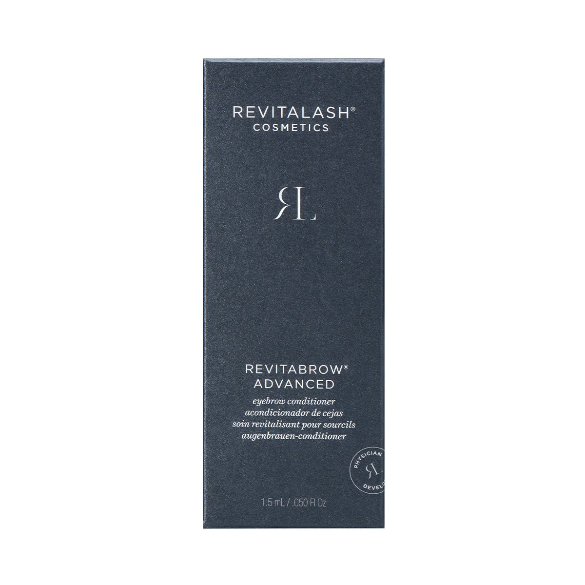 Dark gray box featuring the RevitaLash logo and RevitaBrow Advanced Eyebrow Conditioner Serum, utilizing BioPeptin Complex® to address eyebrow aging. Includes multilingual text. Dimensions: 1.5 ml / 0.050 fl oz.