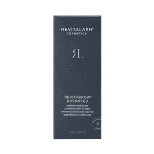 Dark gray box featuring the RevitaLash logo and RevitaBrow Advanced Eyebrow Conditioner Serum, utilizing BioPeptin Complex® to address eyebrow aging. Includes multilingual text. Dimensions: 1.5 ml / 0.050 fl oz.