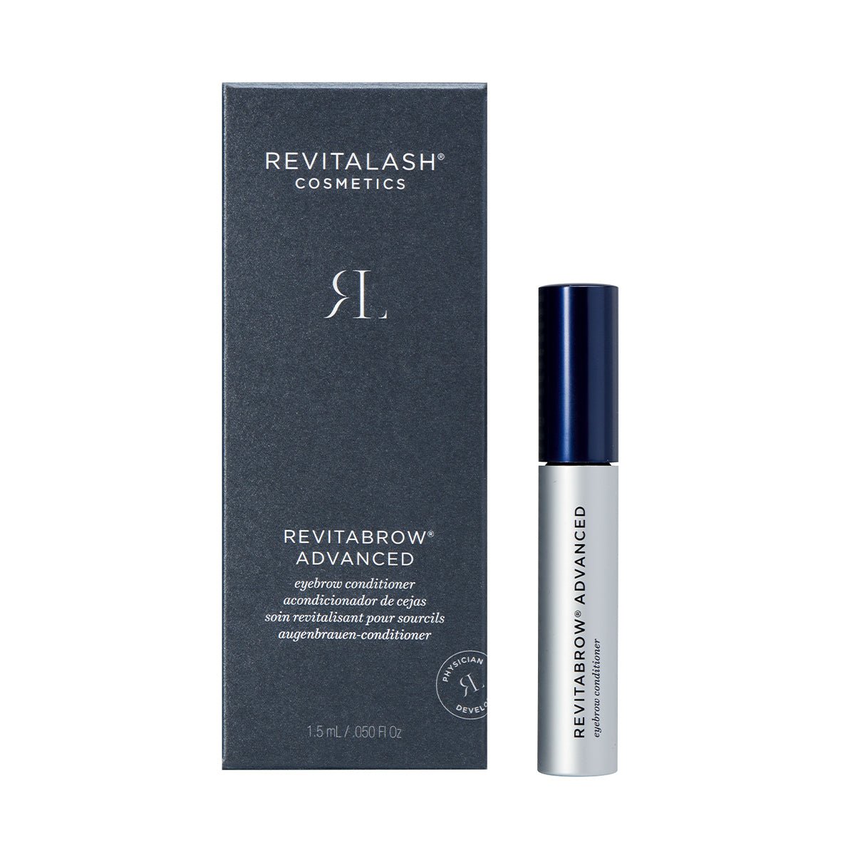 A RevitaLash box in black and silver sits next to a sleek, metallic blue and silver Revitabrow Advanced Eyebrow Conditioner Serum tube. Both feature elegantly printed product details and the name, highlighting the serums BioPeptin Complex®.