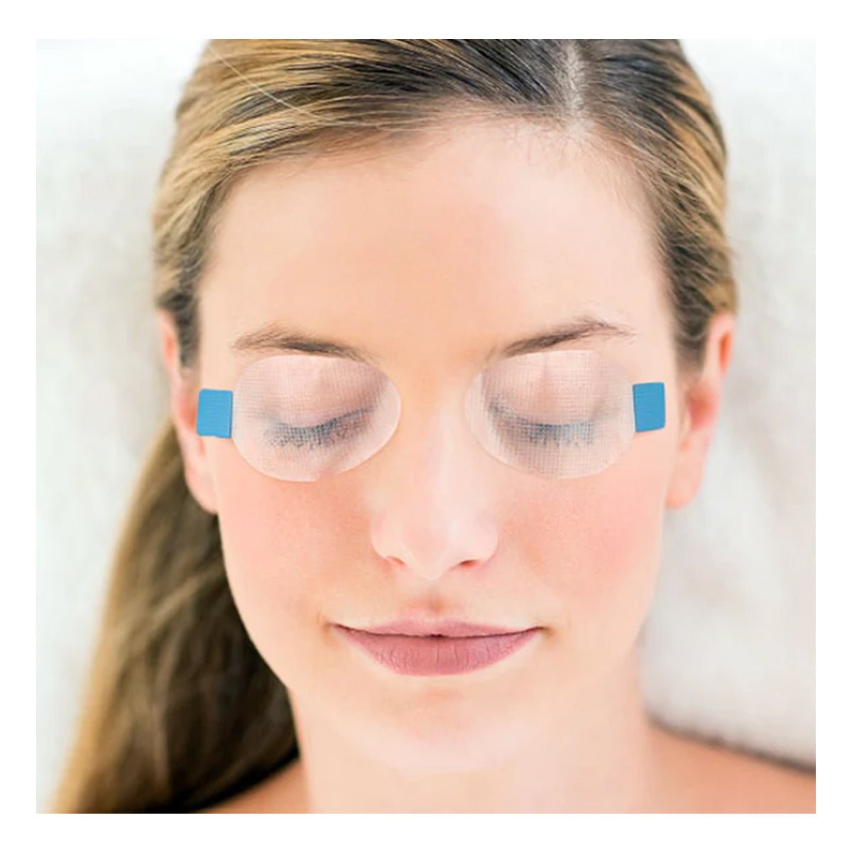 A woman with closed eyes lies relaxed on a white background, her hair pulled back, while SleepTite, SleepRite by Ophthalmic Resources Partners, gently closes her lids with hypoallergenic seals.