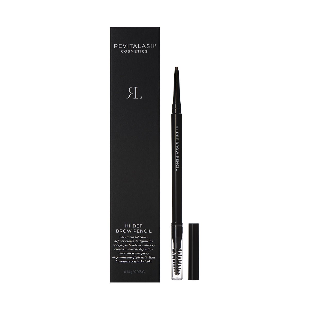 The black RevitaLash Hi-Def Brow Pencil (Hypoallergenic, 3 Colors) is shown with its packaging. The pencil displays a thin applicator and brush end, while white text on the package highlights its name and ensures a natural look.