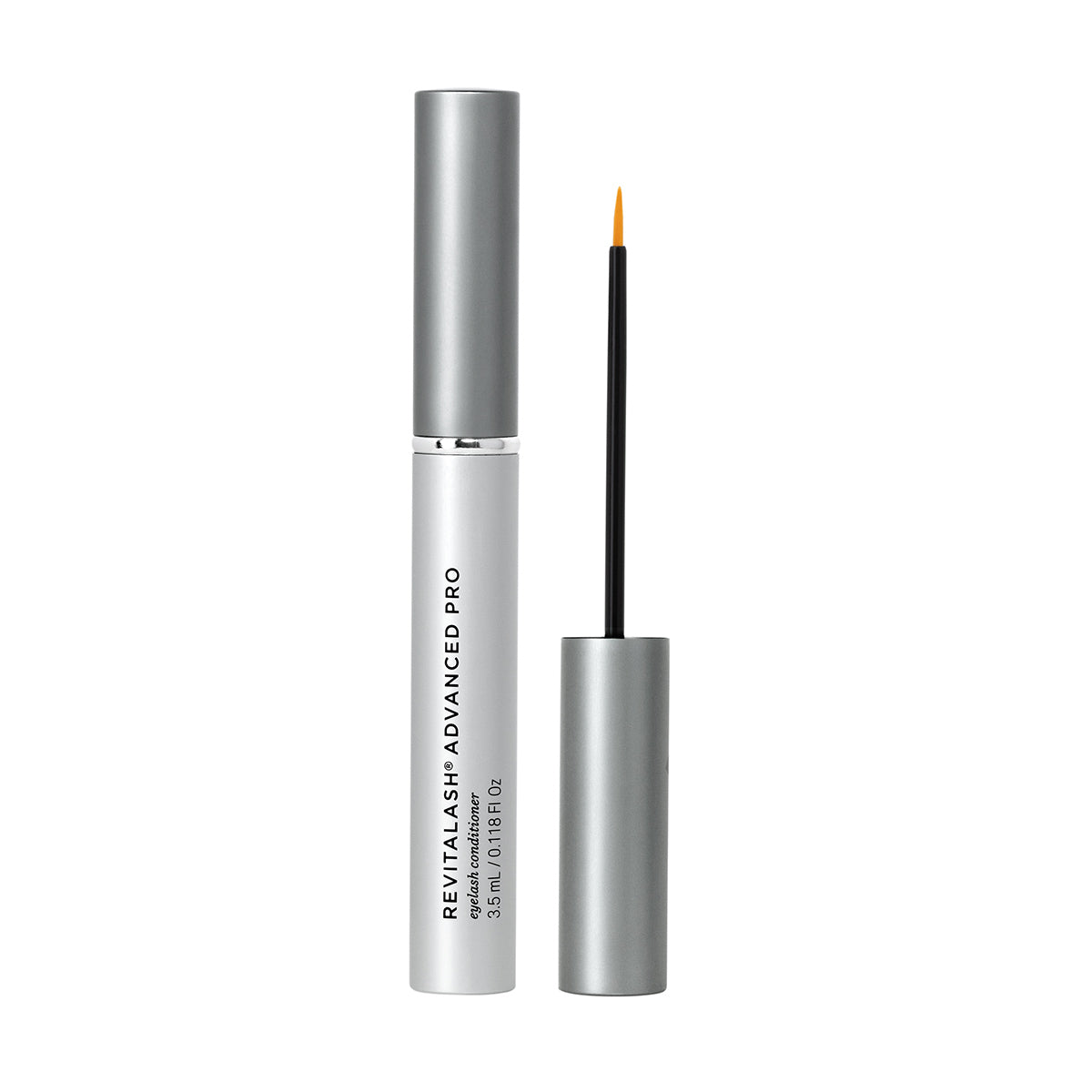 The sleek silver tube of RevitaLash Advanced PRO Eyelash Conditioner and Enhancing Serum reveals a thin applicator brush, ideal for delivering its lash-enhancing formula.