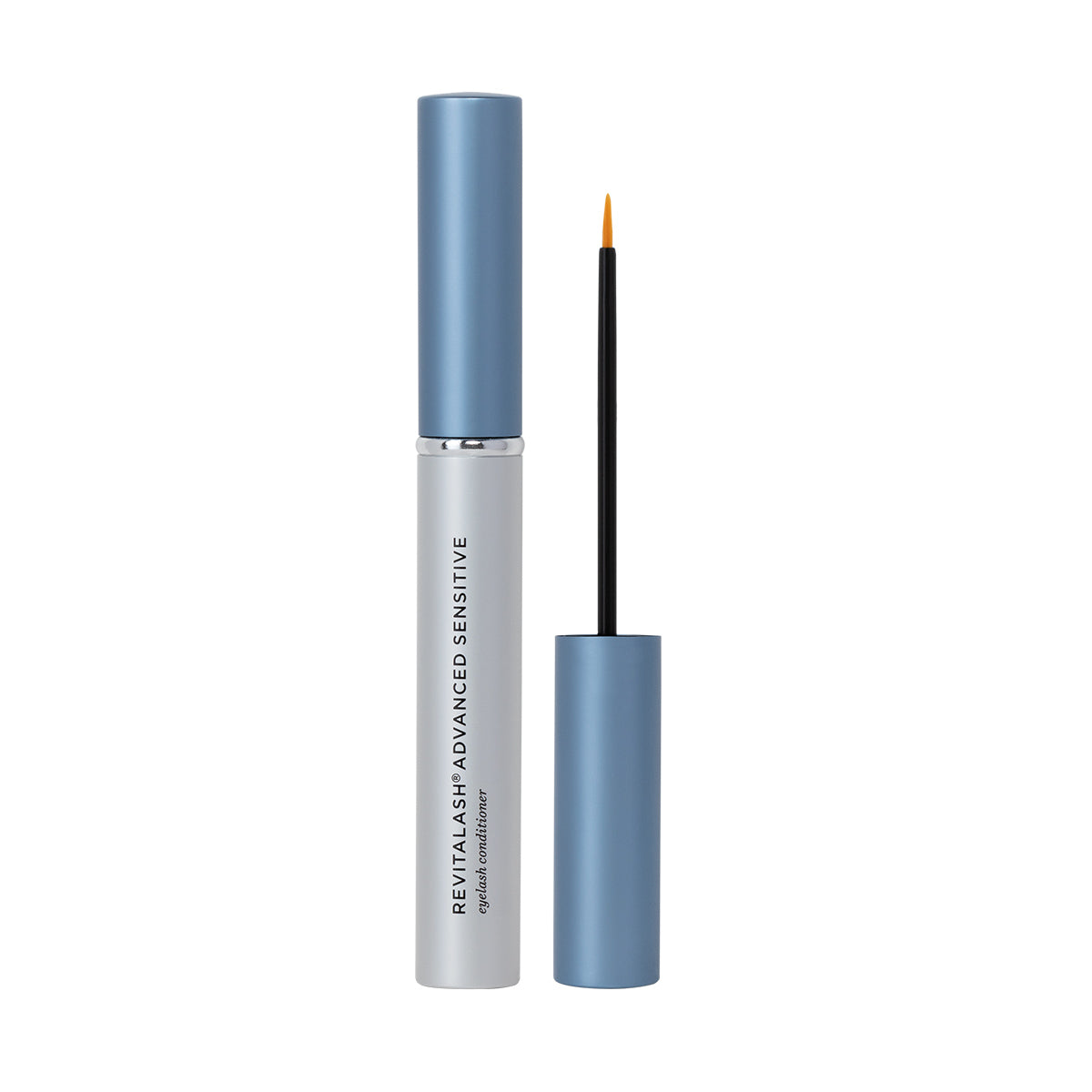 The RevitaLash Advanced Eyelash Conditioner and Enhancing Serum Sensitive (2.0mL, 3 Mo. Supply) sits open, showing its thin applicator brush. The sleek tube, adorned with blue lettering and a metallic blue lid, promises to enhance lash health with each application.