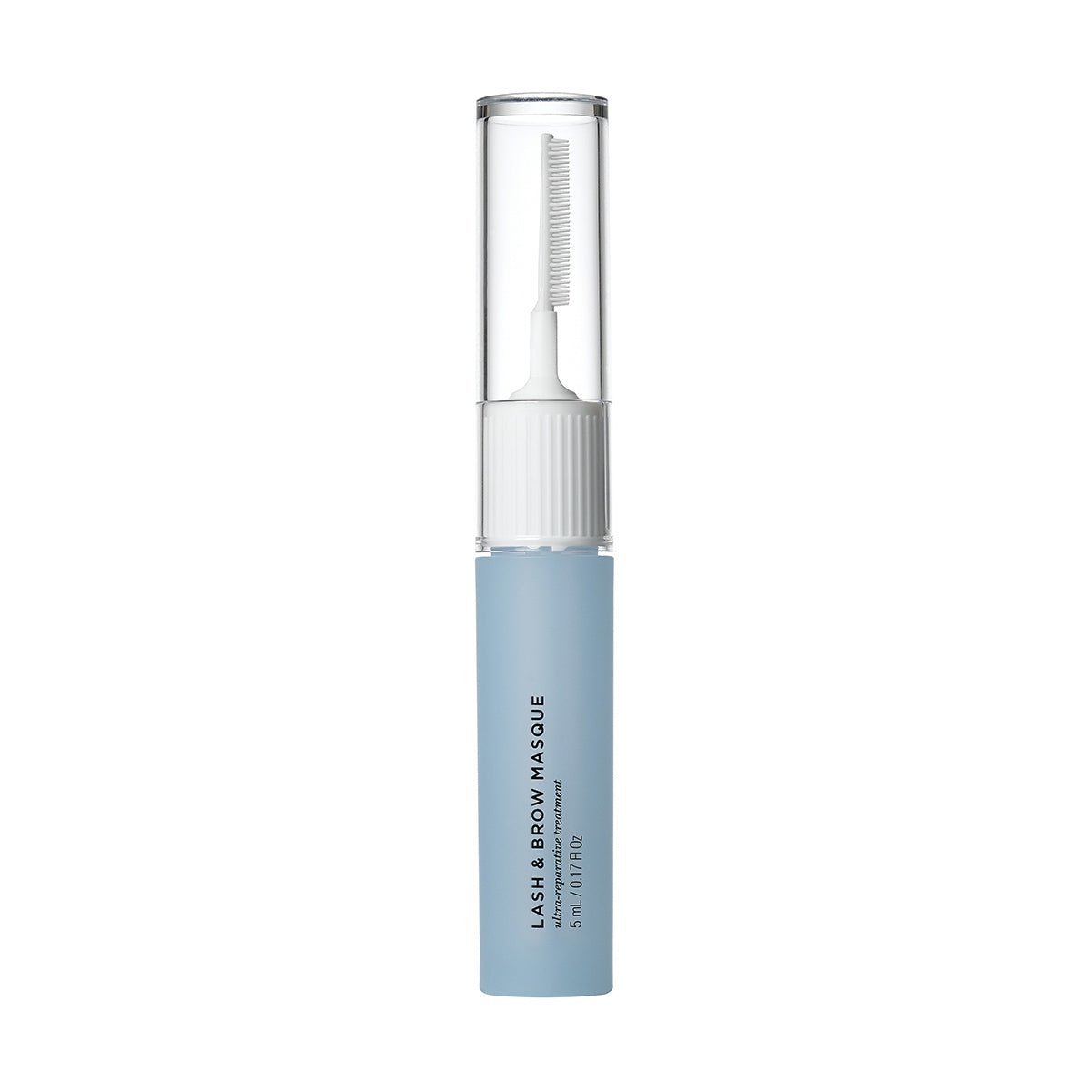 The RevitaLash Lash and Brow Masque comes in a blue cylindrical tube with a clear cap and applicator comb for lash repair. It holds 5 mL (0.17 fl oz) of product, ideal for brow treatment and ease of use.