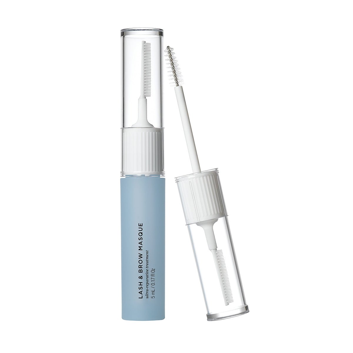 A blue cylindrical RevitaLash Lash and Brow Masque tube with a white cap is shown, revealing a wand with a small brush. Its perfect for lash repair and brow treatment, reviving your look.