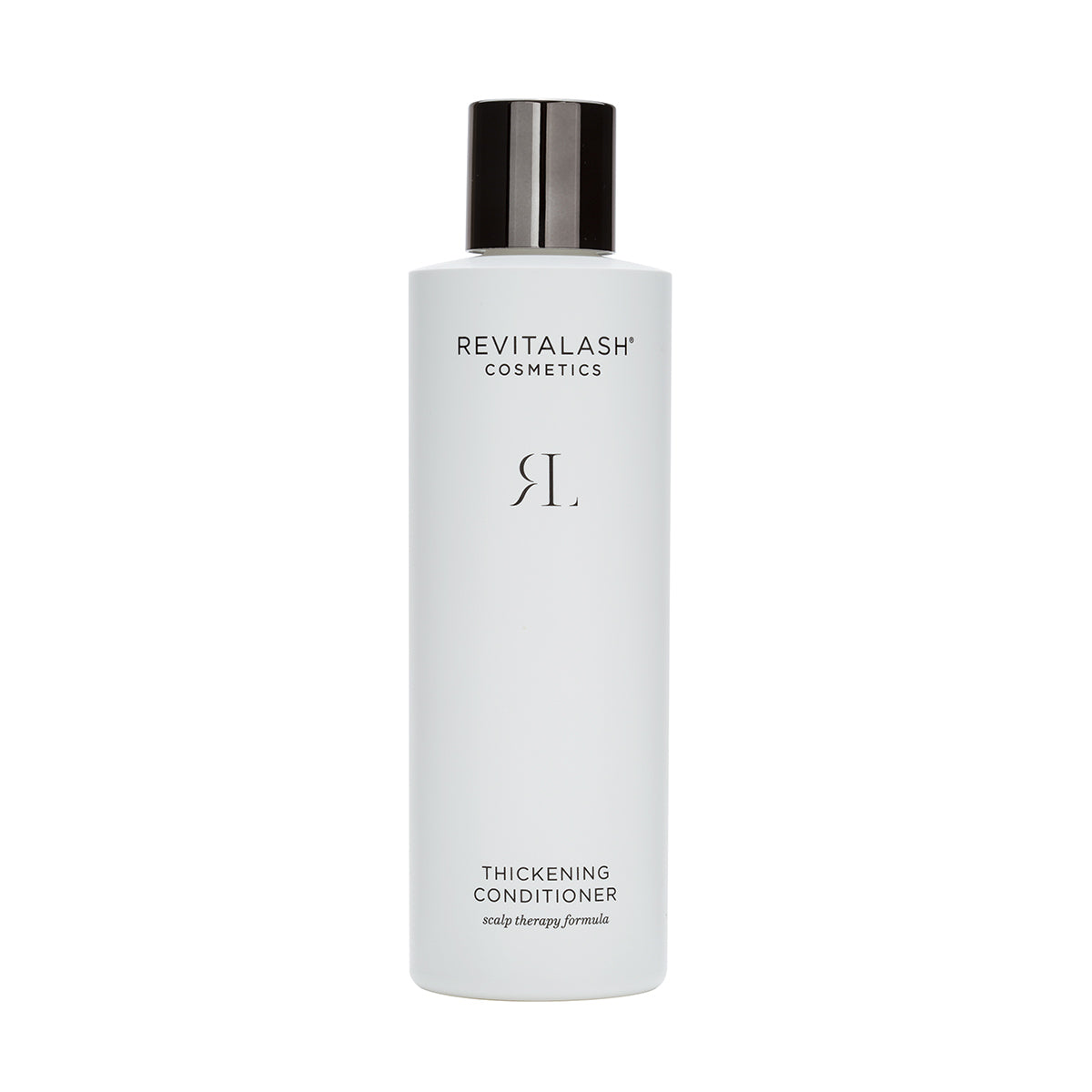 A 250mL container of RevitaLash Cosmetics Thickening Conditioner Scalp Therapy Formula, perfect for thinning hair. It features the brand logo and product name printed on its white body beneath a black cap and is hypoallergenic.