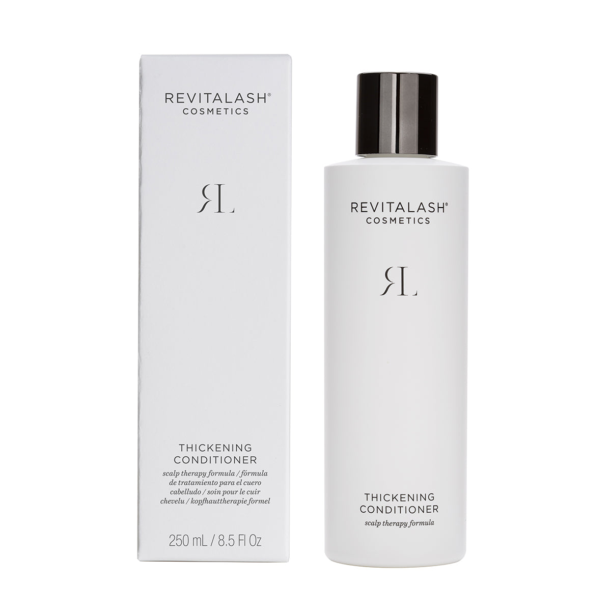 A RevitaLash Cosmetics Thickening Conditioner with Scalp Therapy Formula and hypoallergenic features, perfect for thinning hair, stands beside its matching white box. Both have minimalist black text in a sleek design. The bottle contains 250mL (8.5 fl oz) of product.