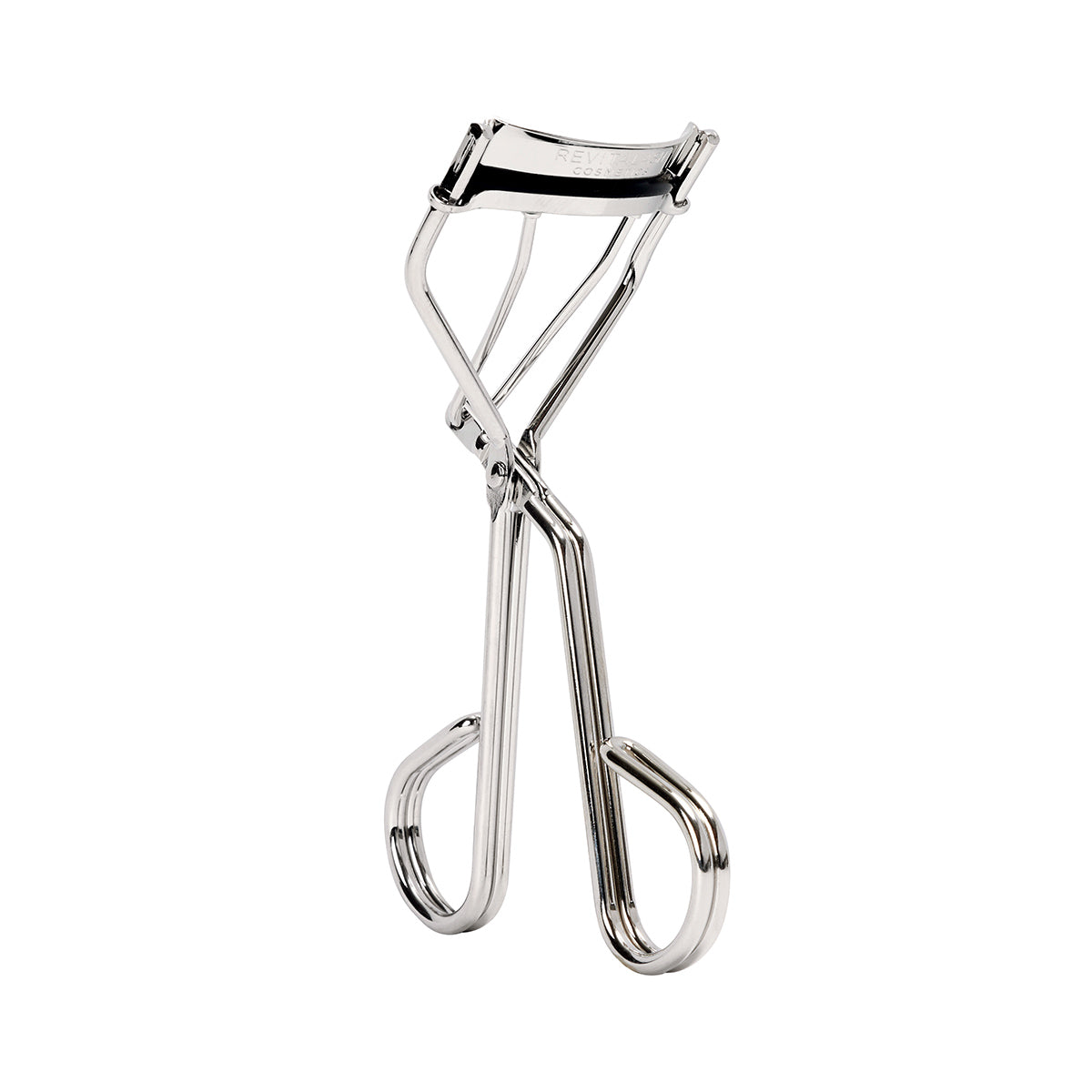 The RevitaLash Signature Eyelash Curler by RevitaLash features carbon steel, scissor-like handles, and a curved upper clamp. It shapes lashes with silicone pads and stands upright against a white background, highlighting its sleek design.