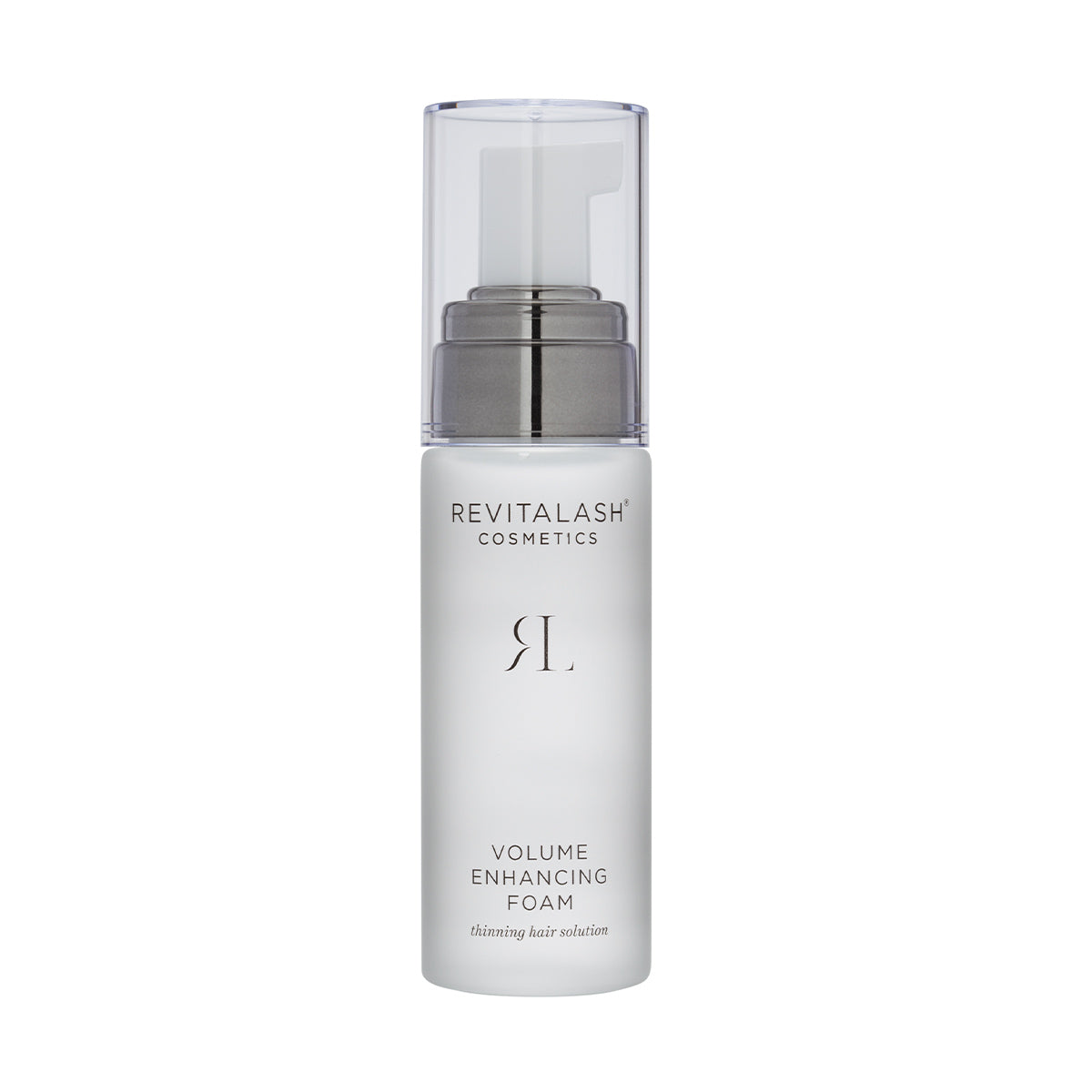 The RevitaLash Volume Enhancing Foam for Hair (55mL) is a cylindrical bottle with a clear plastic cap and silver pump. It showcases the brand logo and features the BioPeptin Complex for effective thinning hair treatment.