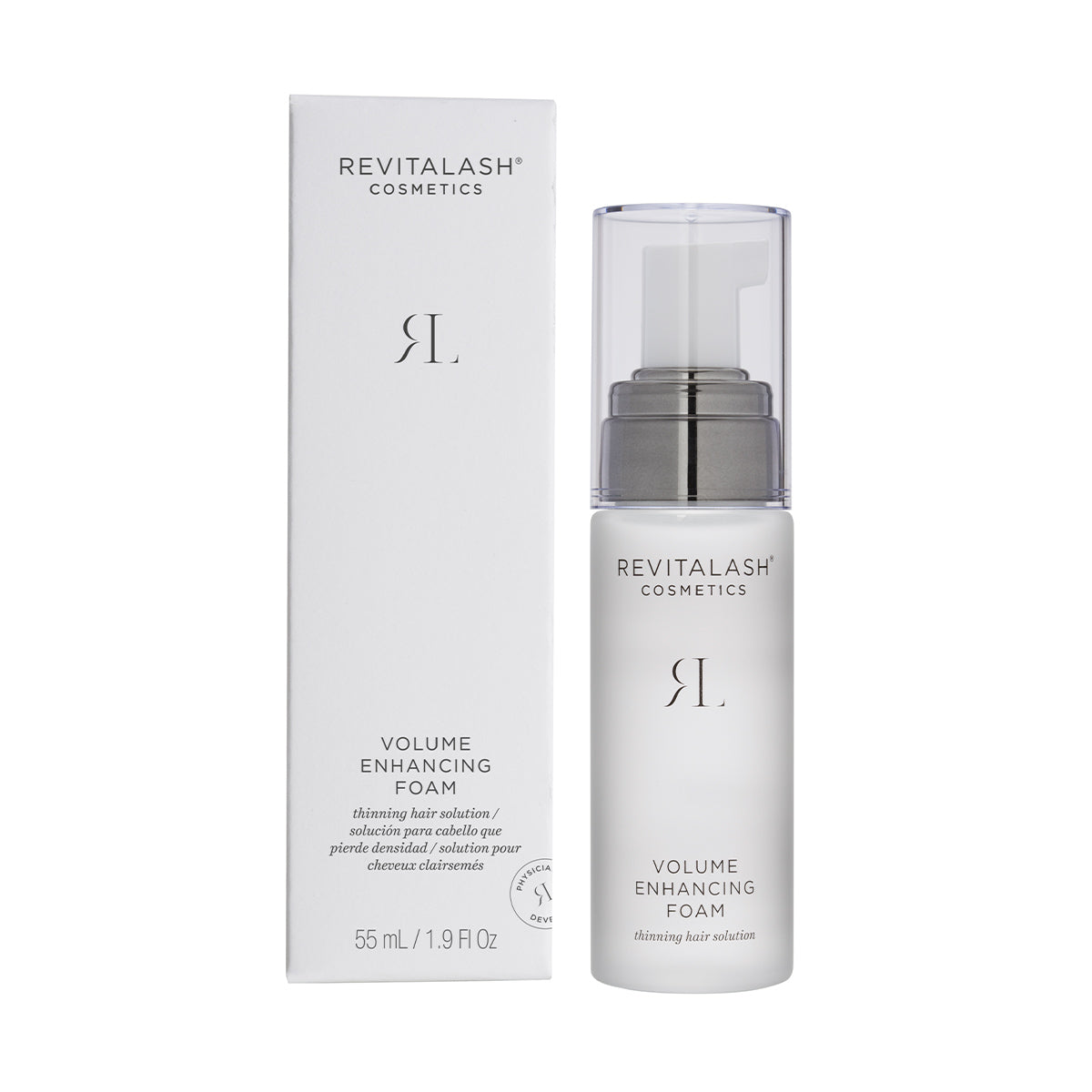 A 55ml bottle of RevitaLash Volume Enhancing Foam for Hair, featuring BioPeptin Complex, sits beside its matching branded box. The product is white with silver accents, emphasizing its premium status as a hair enhancer.