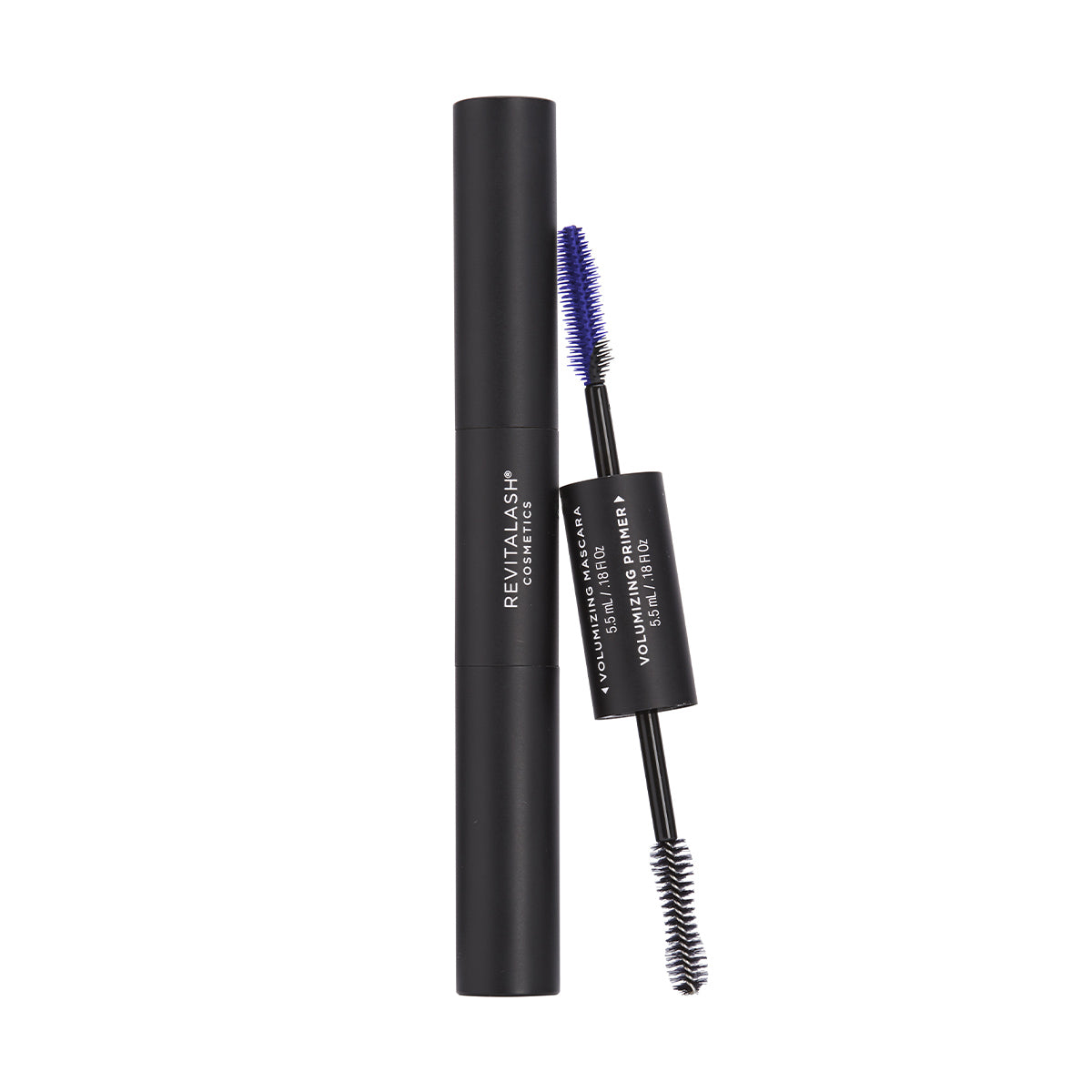 The RevitaLash Double-Ended 2-in-1 Lash Primer & Mascara Volume Set comes in a sleek black tube with two brushes: a blue volumizing primer and a black volumizing mascara, perfect for bold, beautiful lashes.