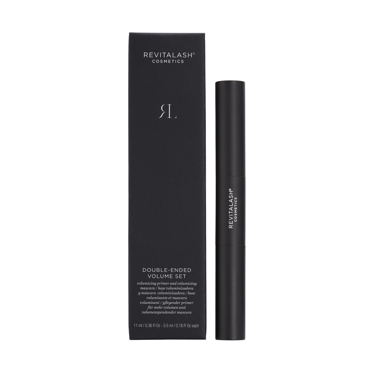 A black RevitaLash Double-Ended 2-in-1 Lash Primer & Mascara Volume Set, featuring Volumizing Mascara and Primer in a sleek cylindrical design with white text, comes in a box showcasing the RevitaLash brand and product info.