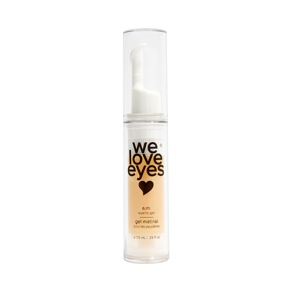 A tall beige rectangular box labeled We Love Eyes with a heart symbol features the AM Eyelid Gel. It includes the text gel du matin pour les paupières and size 7.5 mL / .25 fl oz, highlighting hydrating eye care benefits and support for meibomian gland health.