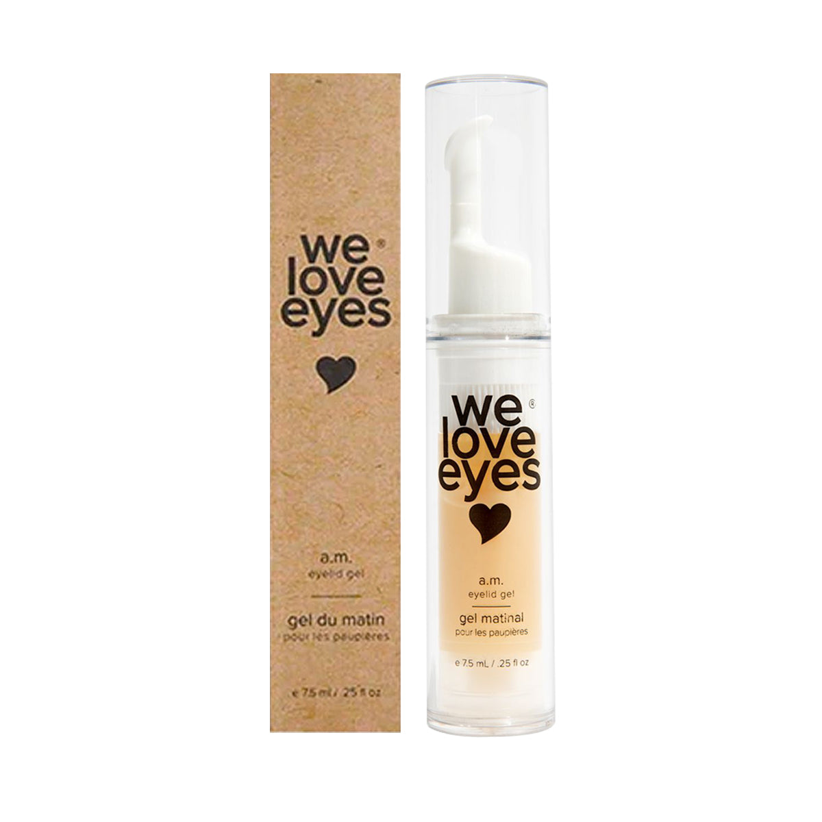 The We Love Eyes AM Eyelid Gel, in a clear pump bottle and brown cardboard box, displays its name with a heart icon in bold black text. It features a probiotic preservative system promoting meibomian gland health.