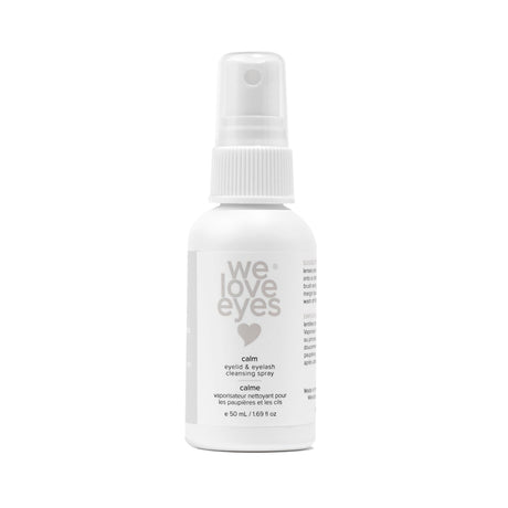 The We Love Eyes 50mL spray bottle, called Calm Eyelid & Eyelash Cleansing Spray with HypoChlorous, features a gray and white design with a heart icon and includes soothing chamomile.