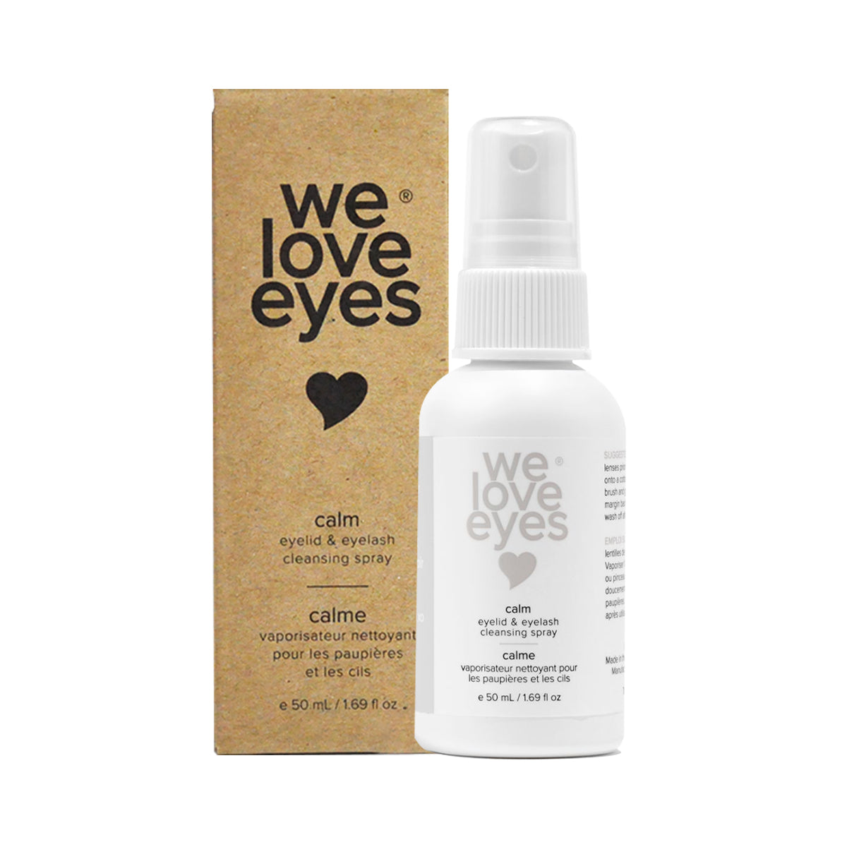 Beside a branded brown box, a 50ml white We Love Eyes bottle contains the Calm Eyelid & Eyelash Cleansing Spray. Infused with chamomile and enriched with hypochlorous acid, it offers soothing care.