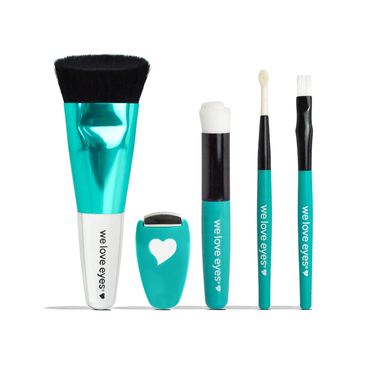 The We Love Eyes Complete Toolkit for Eyelashes by We Love Eyes features a teal brush set with We Love Eyes text, including a flat-top brush, heart-design eyelash curler, round-tip brush, angled detail brush, and small flat brush. It includes a foaming cleanser ideal for eyelid margin health enhancement.