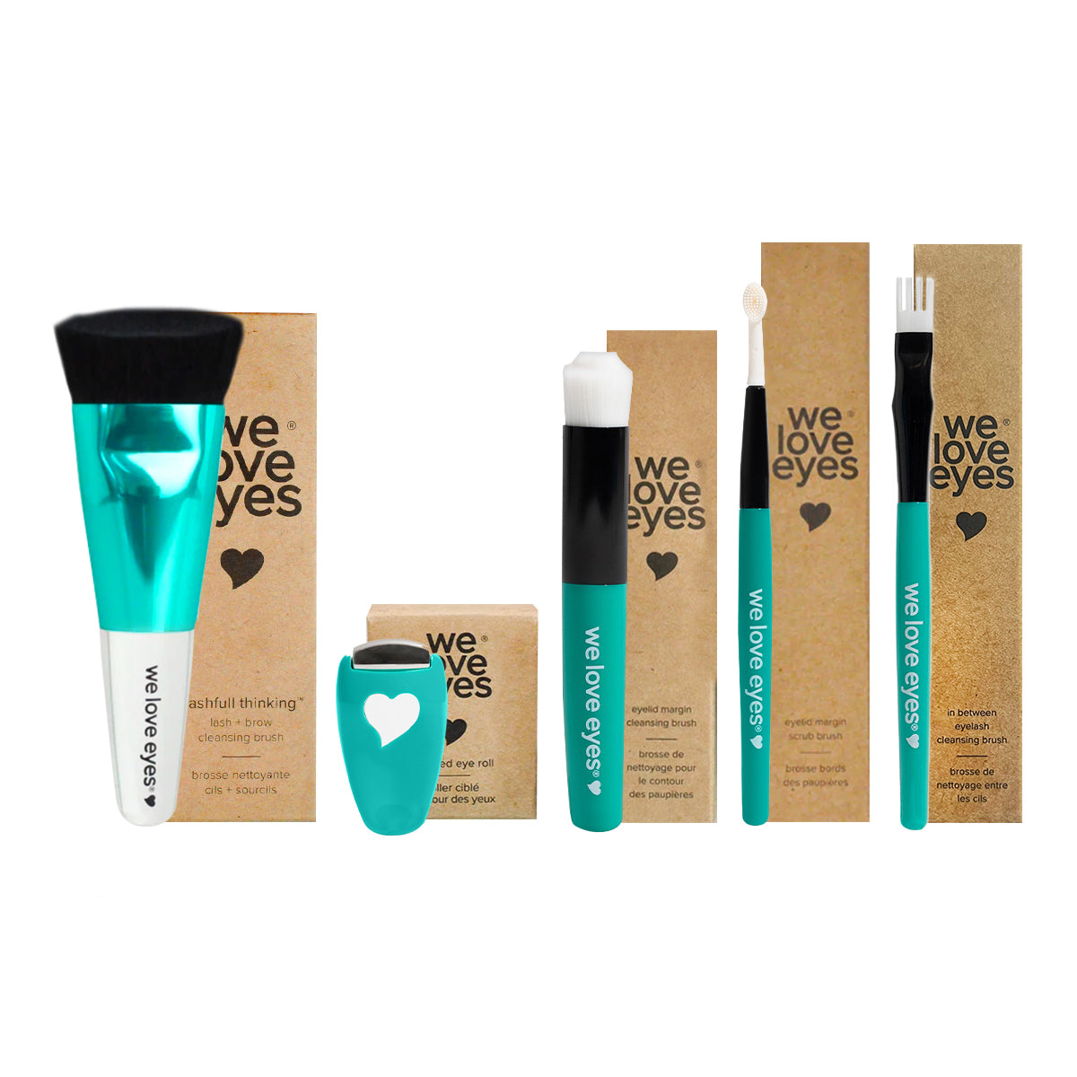 The We Love Eyes Complete Toolkit for Eyelashes includes teal-handled makeup brushes with white bristles, a teal and white product container, brown cardboard packaging, and features the We Love Eyes foaming cleanser designed for optimal eyelid margin health.