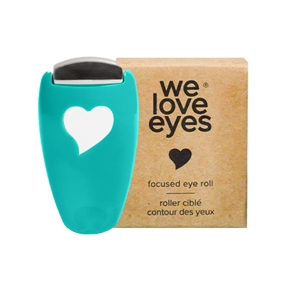 A teal eye roller with a heart cutout sits next to a brown We Love Eyes box, underscoring its purpose of enhancing eye cream absorption with each use.