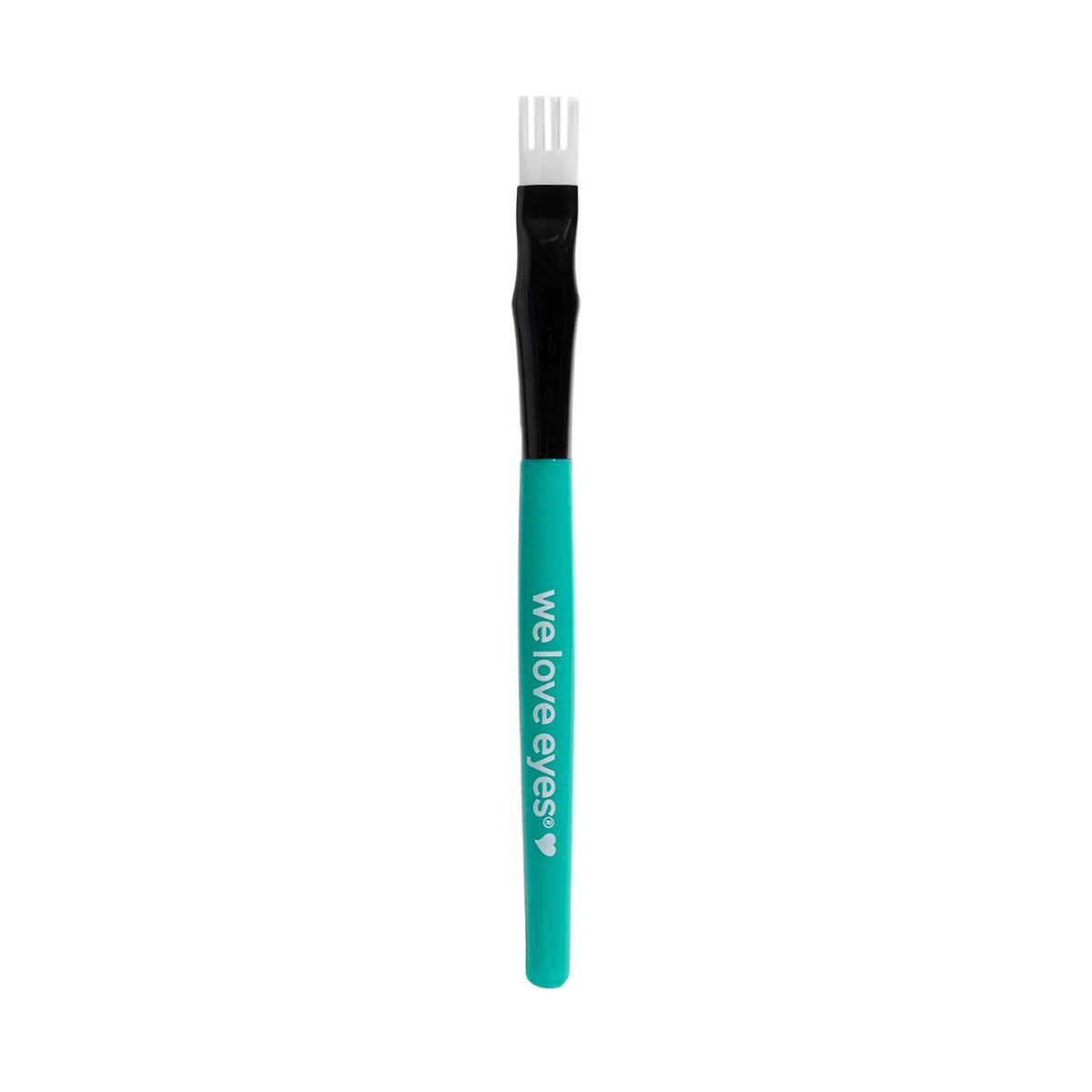 The We Love Eyes In Between Eyelash Cleansing Brush by We Love Eyes is turquoise and black with we love eyes in white on the handle. Its narrow, fork-shaped head is perfect for eyelash debris removal and precise eye makeup application, shown against a plain white background.