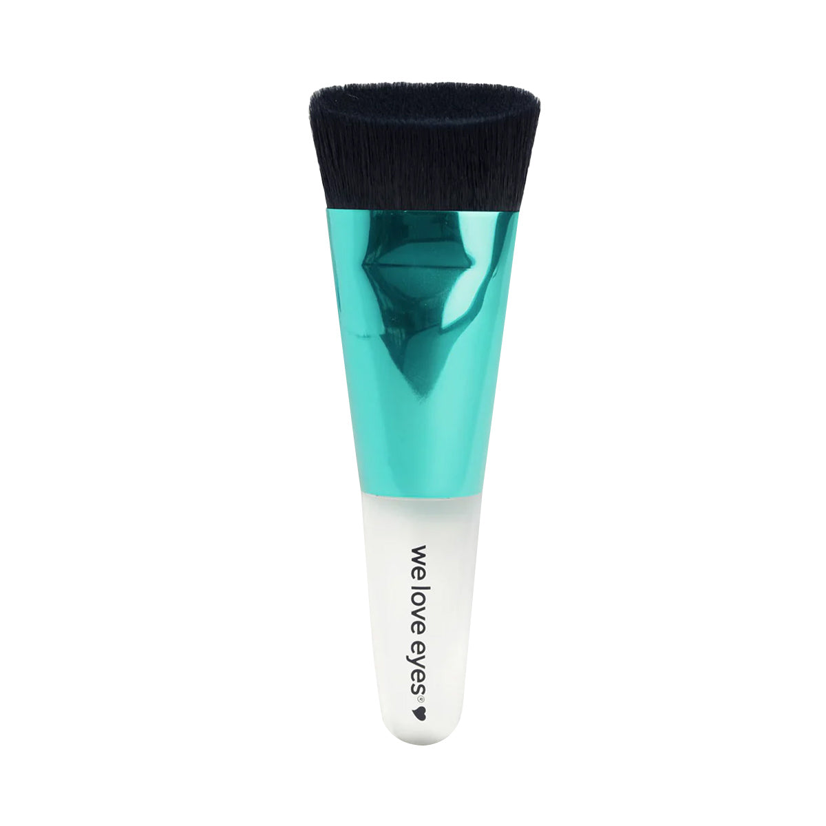 The We Love Eyes - Lashfull Thinking brush features a white handle with a teal metallic ferrule inscribed with we love eyes and a heart symbol. Its soft black bristles ensure gentle application, promoting eyelid margin health. This vegan, cruelty-free brush prioritizes your delicate eye area.