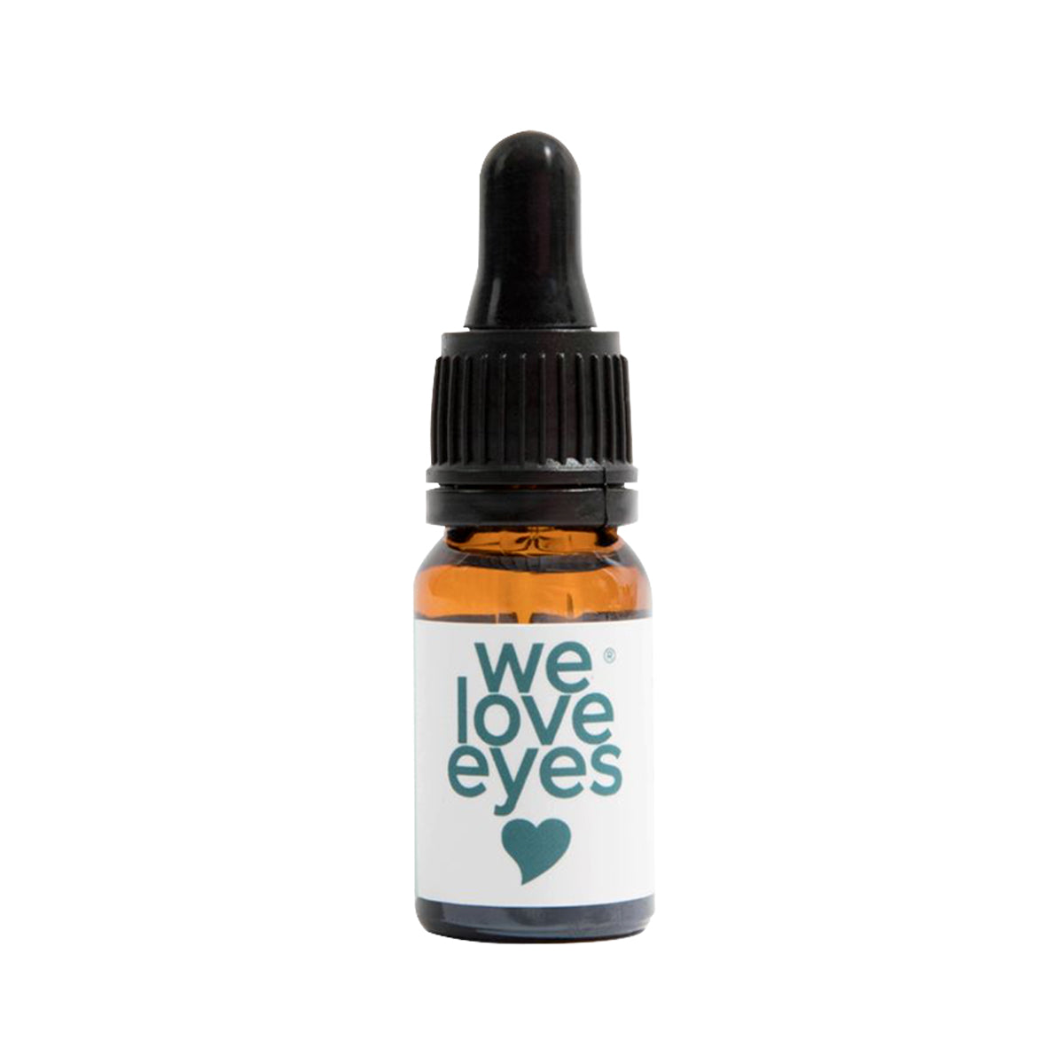 The We Love Eyes Lashfull Thinkin Lash + Brow Follicle Oil 10mL comes in a small bottle with a dropper cap and a white label featuring the text we love eyes and a heart symbol. This eye care product, made with ophthalmic grade castor oil, helps promote eyelash health and eyebrow growth.