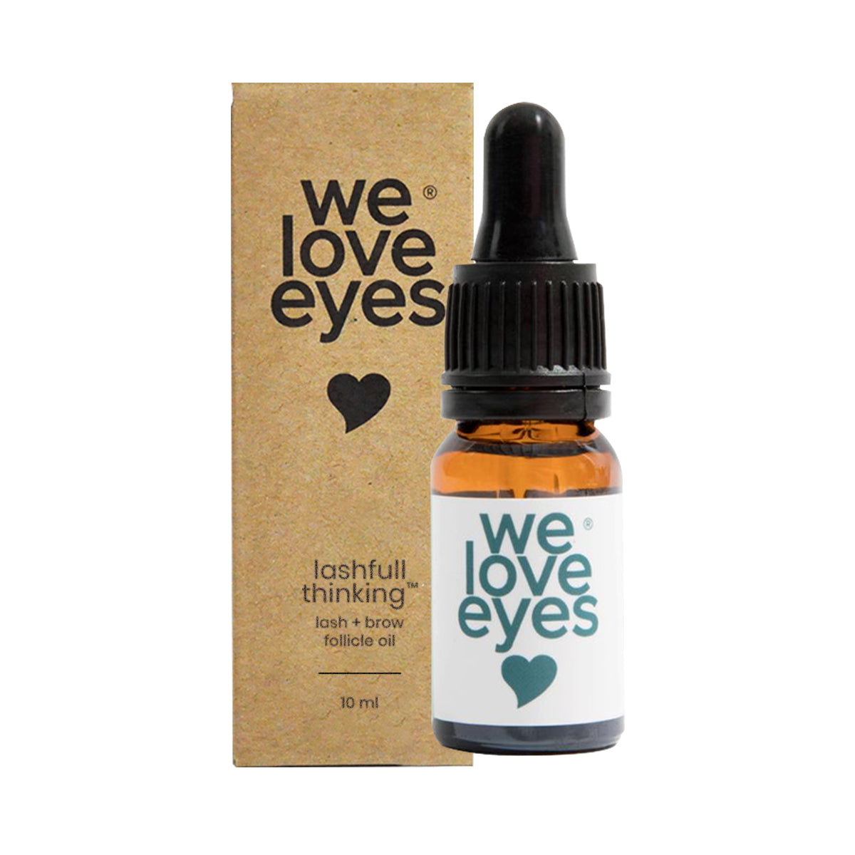 A small amber bottle with a black dropper cap and heart icon labeled We Love Eyes Lashfull Thinkin Lash + Brow Follicle Oil 10mL is next to a matching brown box. Enriched with ophthalmic grade castor oil, it promotes eyebrow growth, both featuring the We Love Eyes text and a heart design.