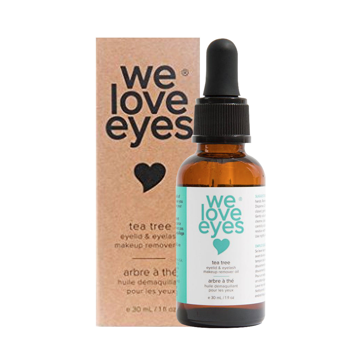 A 30mL amber bottle with a dropper labeled We Love Eyes is paired with its matching box. The packaging showcases this all-natural tea tree makeup remover oil, ideal for effortlessly removing waterproof makeup and eyeliner.