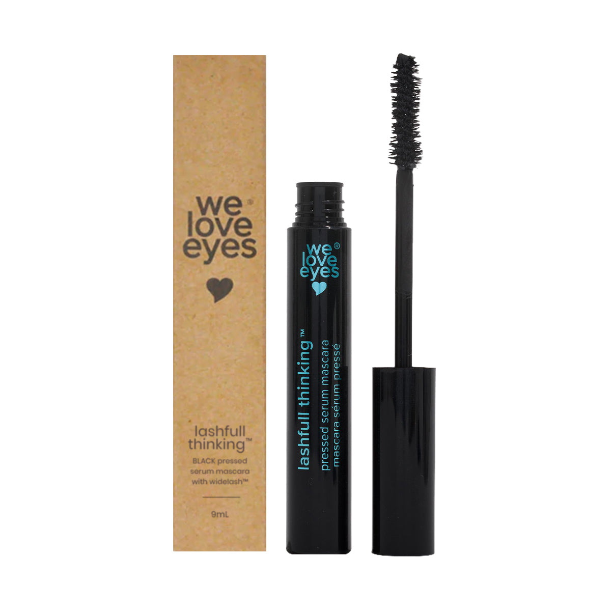 The We Love Eyes Lashfull Thinking BLACK Pressed Serum Mascara with Widelash has lashfull thinking and we love eyes on the tube. Its volumizing wand bristles promise lash growth, and its packaged in a brown cardboard box with the brand logo and text.