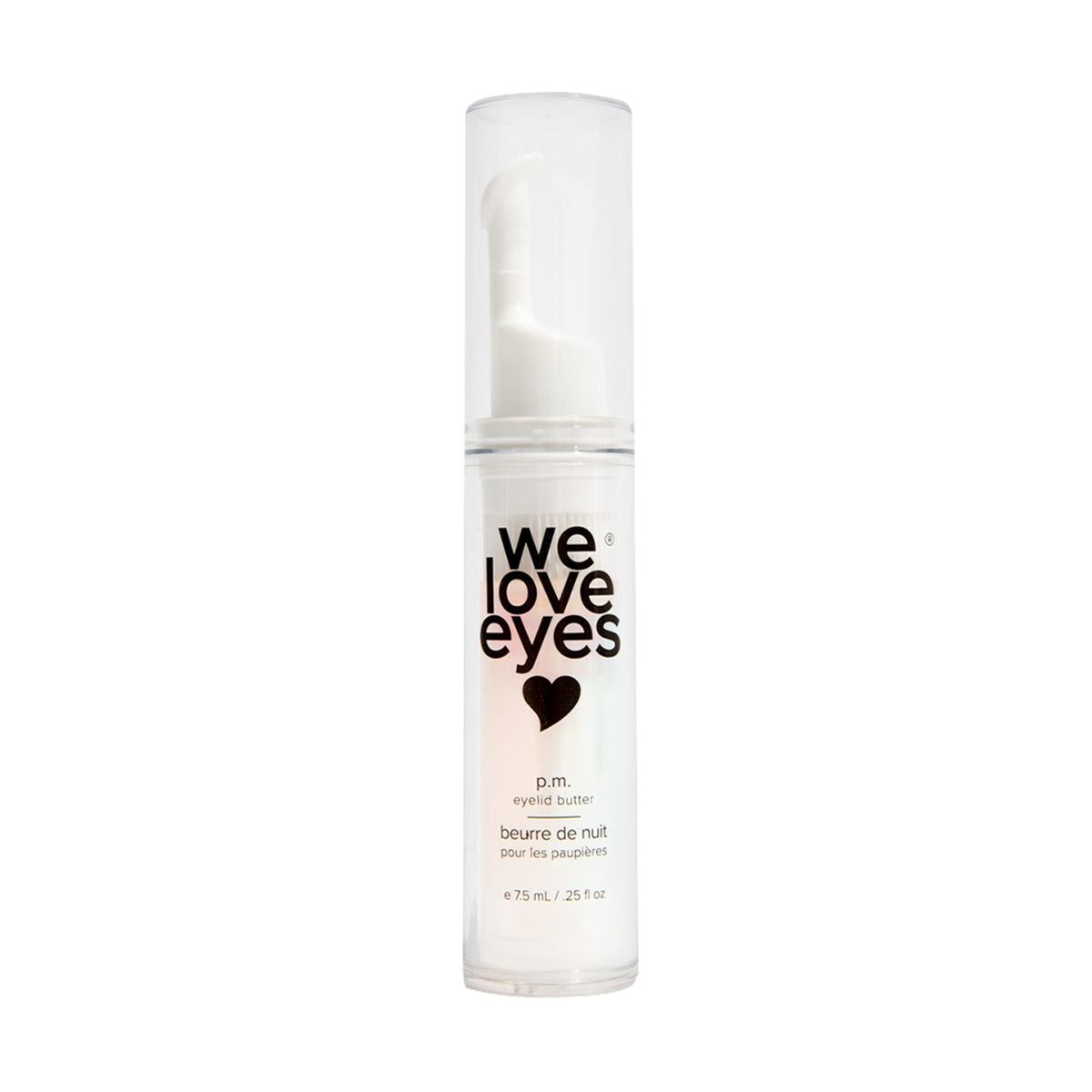 A vertical rectangular brown box with black text features We Love Eyes and a heart icon. It advertises oil-based P.M. Eyelid Butter, Nuit for meibomian gland health. Size: 7.5 ml, 2.5 fl oz by We Love Eyes brand.