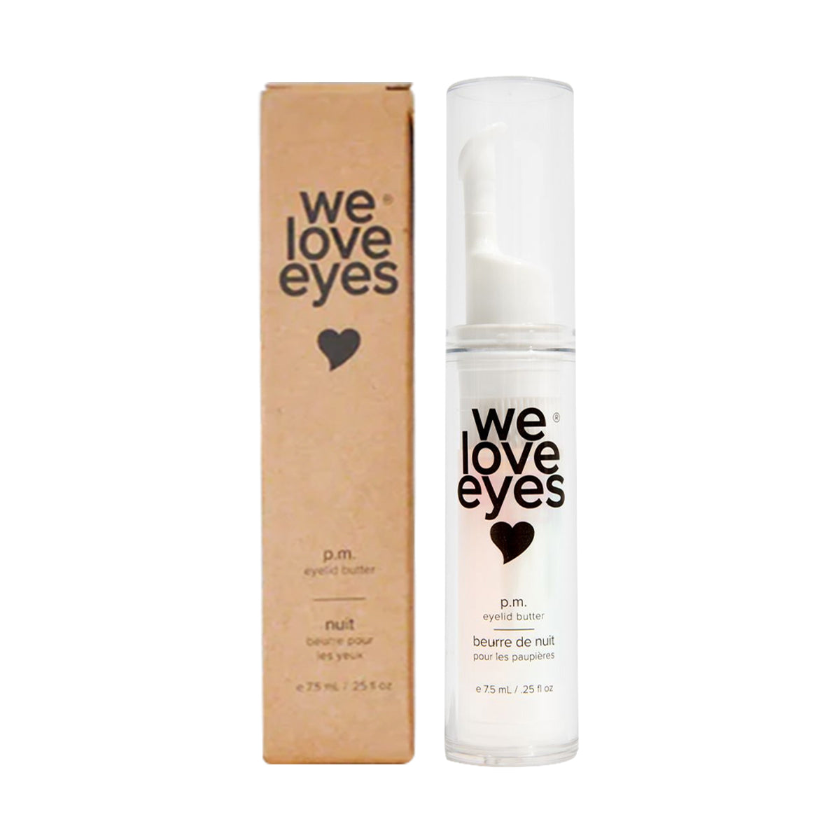 A beige box and a clear pump bottle feature We Love Eyes with a heart icon. The bottle, ideal for meibomian gland health, is labeled with the English and French text P.M. Eyelid Butter. The product contains 7.5ml (2.5 oz).