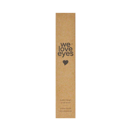 A tall, narrow cardboard box with we love eyes and a heart symbol in black emphasizes meibomian gland health. Titled We Love Eyes Eyelid Margin Scrub Brush, its ideal for an eyelid scrub and addressing demodex collarettes.