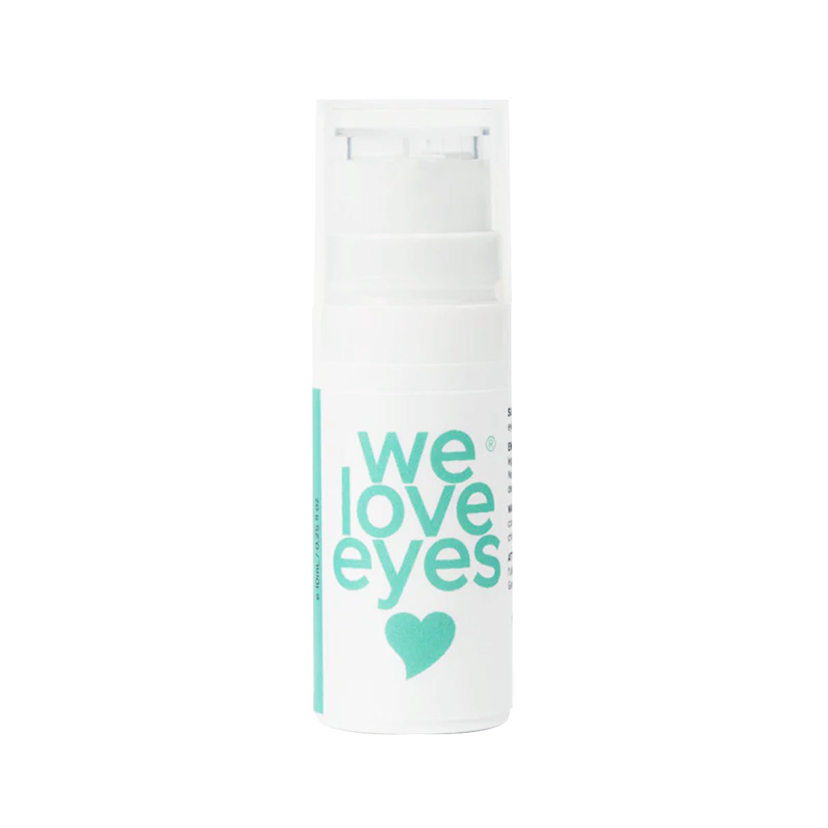 A white bottle with green We Love Eyes text and a heart symbol houses the We Love Eyes Shrubtox Active Hyaluronic Eye Glass (10mL Bottle), featuring a pump dispenser and clear cap for collagen boosting and enhancing the eyelid skin barrier.