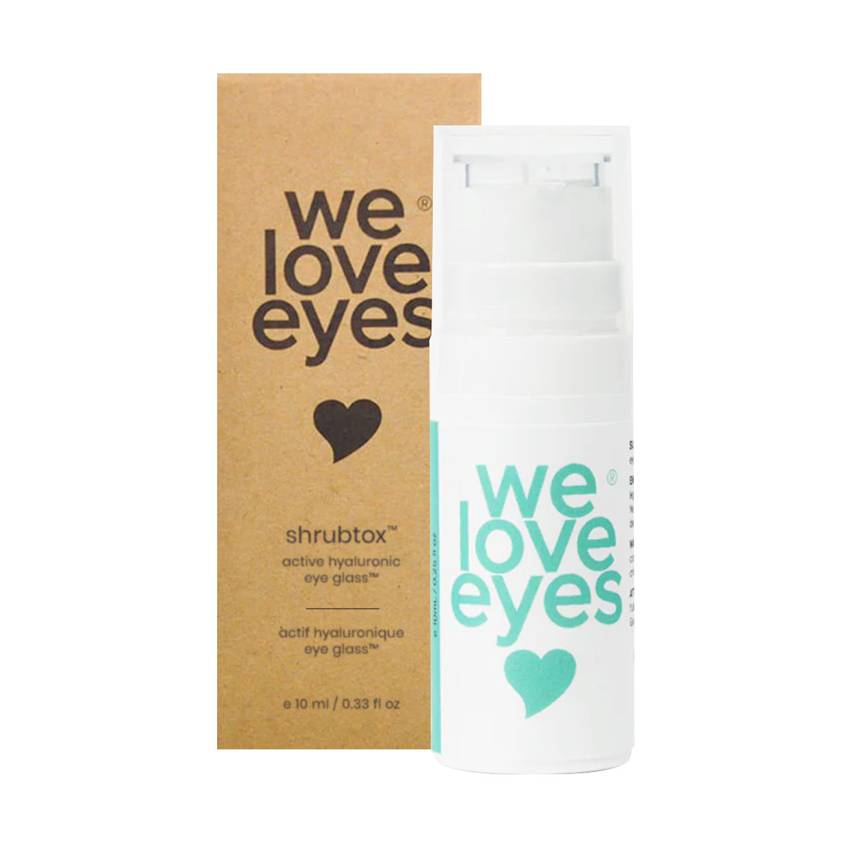 A white bottle labeled We Love Eyes Shrubtox Active Hyaluronic Eye Glass with teal text is placed in front of a branded brown box. Featuring a small black heart, this 10mL or 0.33 fl oz eye cream targets fine lines and wrinkles, enhancing the eyelid skin barrier.