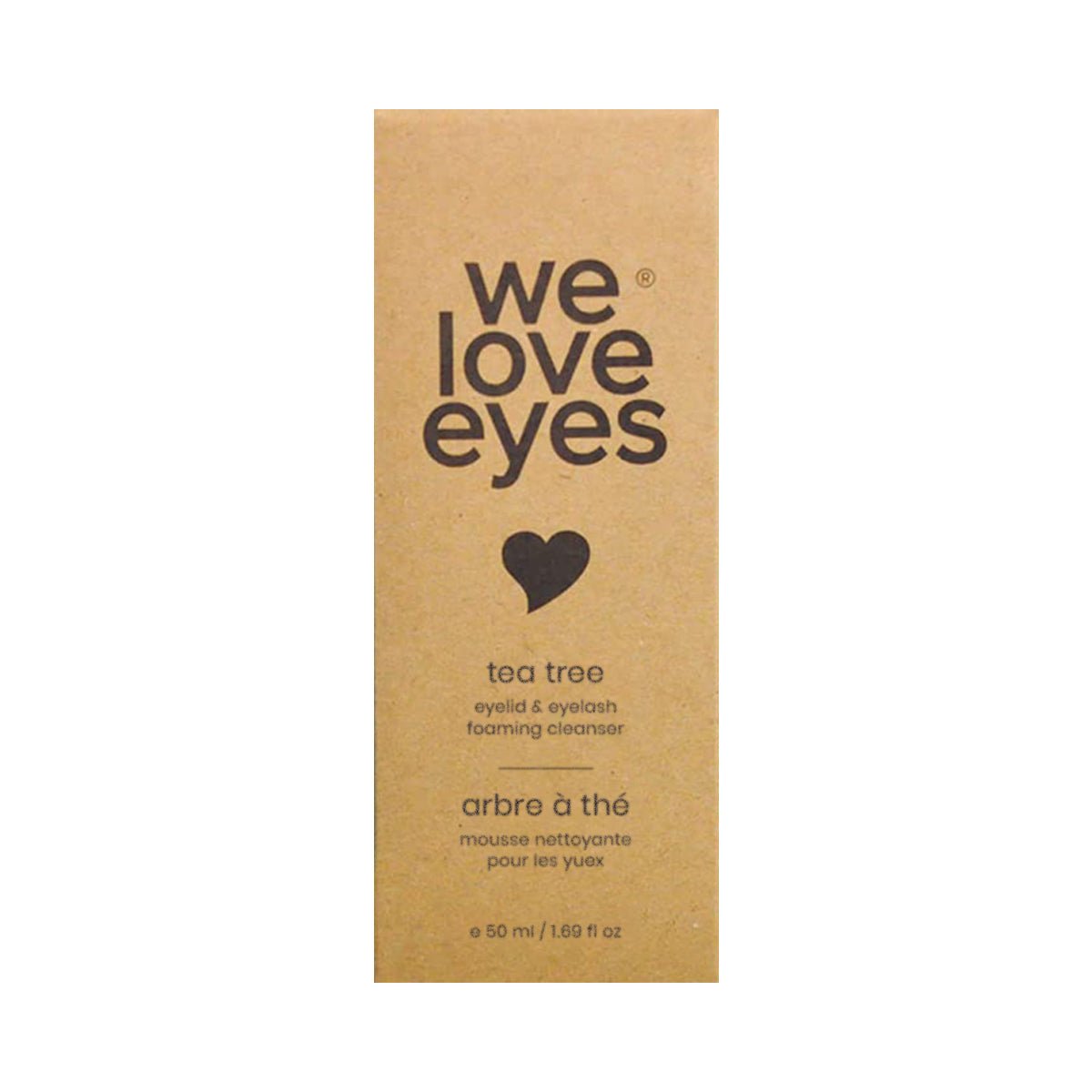 Cardboard packaging for We Love Eyes Tea Tree Eyelid & Eyelash Foaming Cleanser 25mL Mini Size includes English and French text stating it’s an eyelid cleanser. Contains a probiotic preservative system for effective eyelash cleaning.