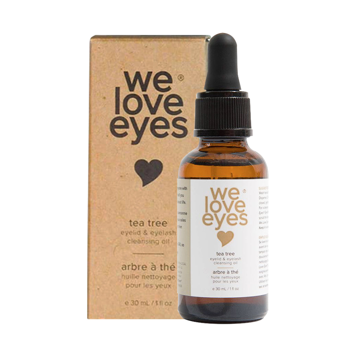 A 30ml We Love Eyes- All Natural Tea Tree Eyelid Cleansing Oil bottle with a dropper cap in brown stands before a tan box with matching branding. Its perfect for cleansing eyelid skin and maintaining healthy Meibomian oil glands.