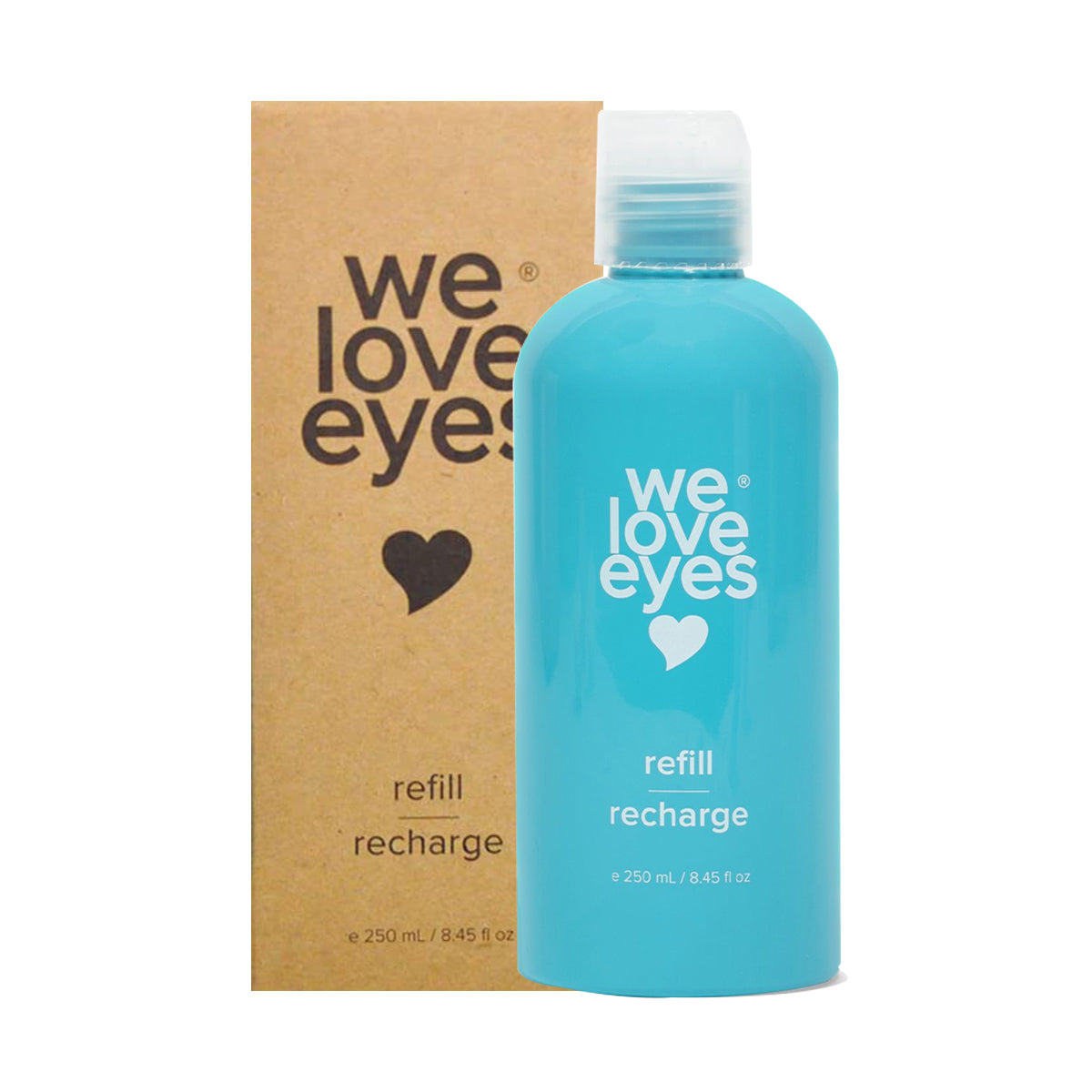 The We Love Eyes Tea Tree Eyelid Foaming Cleanser Refill comes in a 250mL turquoise bottle made from post-consumer recycled plastic. Adorned with white text and a heart logo, its packaged in a matching cardboard box.