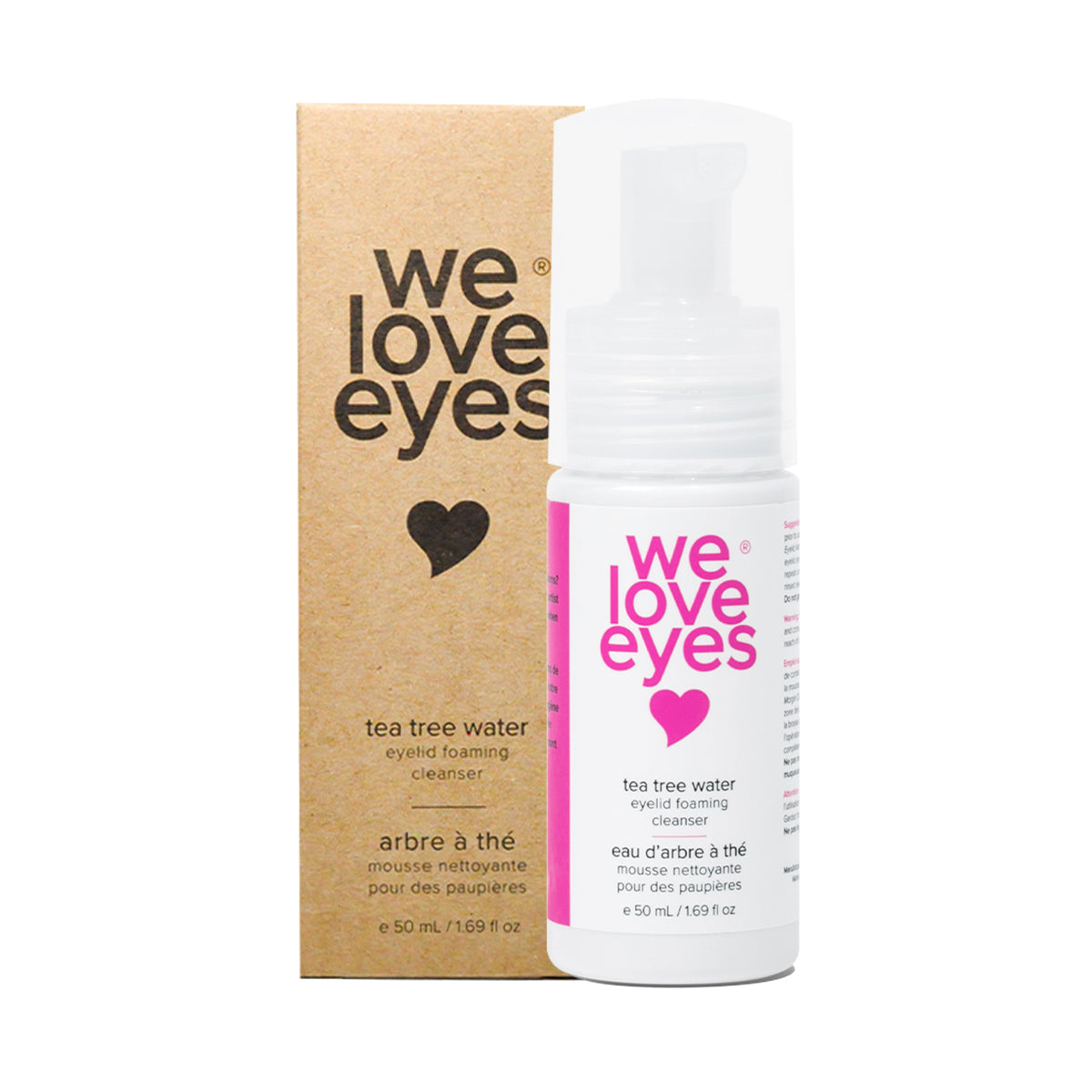 A pH-balanced foaming cleanser bottle, labeled We Love Eyes in pink text, features tea tree water and comes with a matching branded cardboard box.