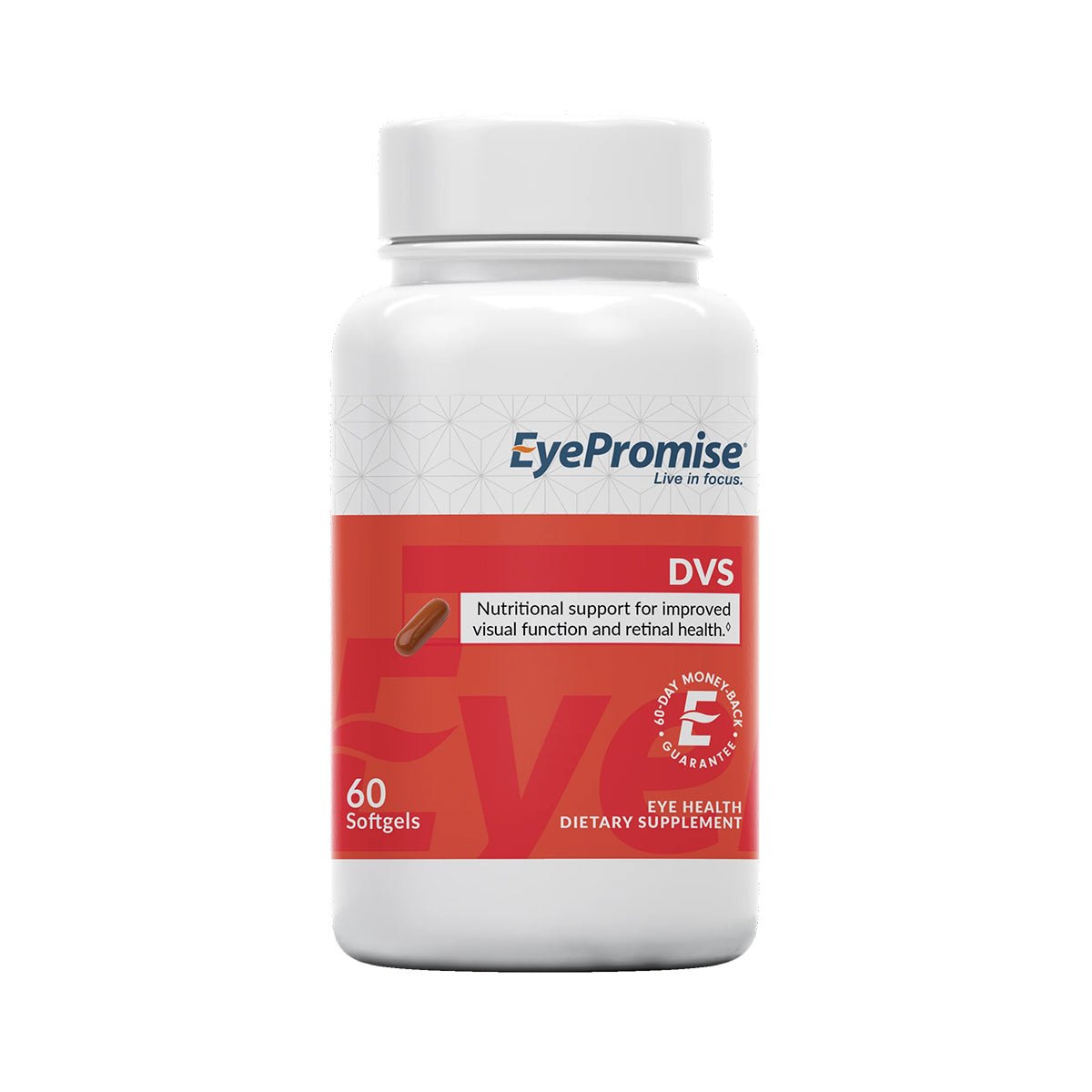 The EyePromise DVS Eye Vitamin, with 60 softgels, comes in a white bottle. Its red and white label emphasizes support for visual and retinal health for diabetic retinopathy, featuring a Vitamin E logo and Proven Results Guaranteed, plus benefits for blood sugar health.