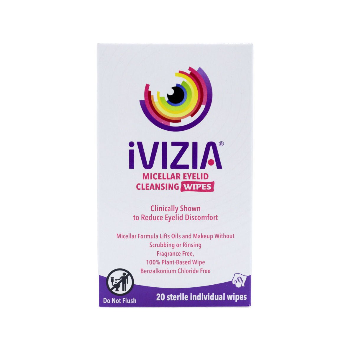 iVIZIA Eyelid Cleansing Wipes, Preservative-Free, Micellar, No Rinse, Gentle Eye Makeup Remover, 20ct - Dryeye Rescue