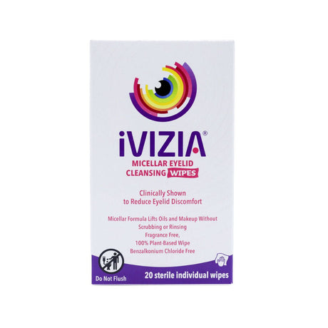 iVIZIA Eyelid Cleansing Wipes, Preservative-Free, Micellar, No Rinse, Gentle Eye Makeup Remover, 20ct - Dryeye Rescue