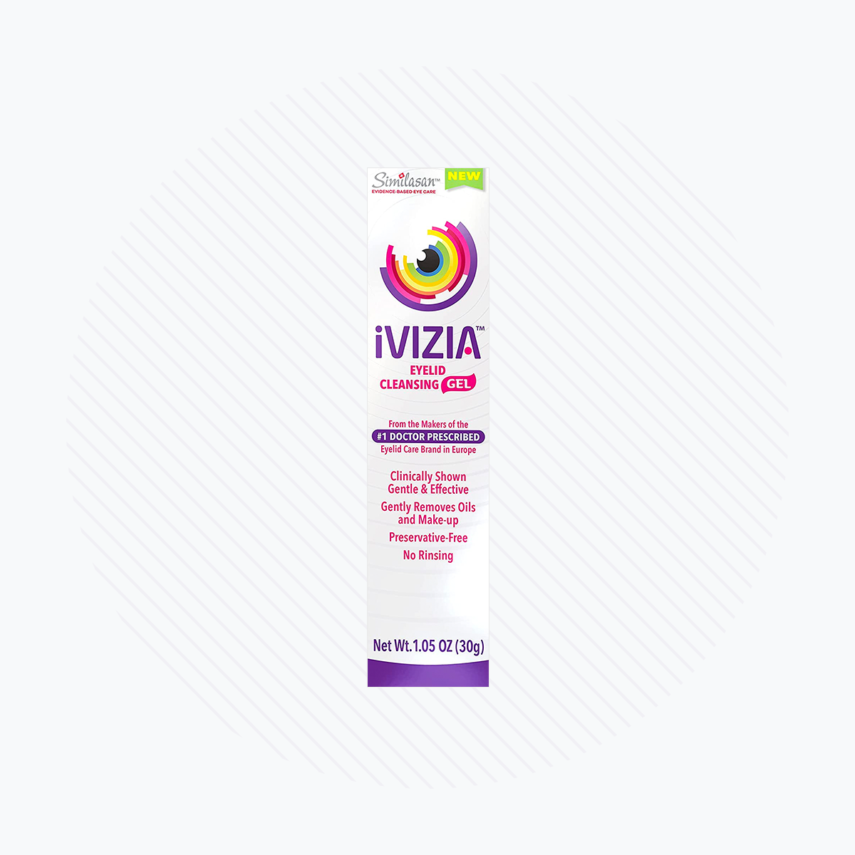 A 1.05 oz tube of Theas iVIZIA Eyelid Cleansing Gel is shown against a light background with circular lines, highlighting its preservative-free formula for sensitive eyelids. Doctor-recommended, it gently removes oils and makeup without rinsing.