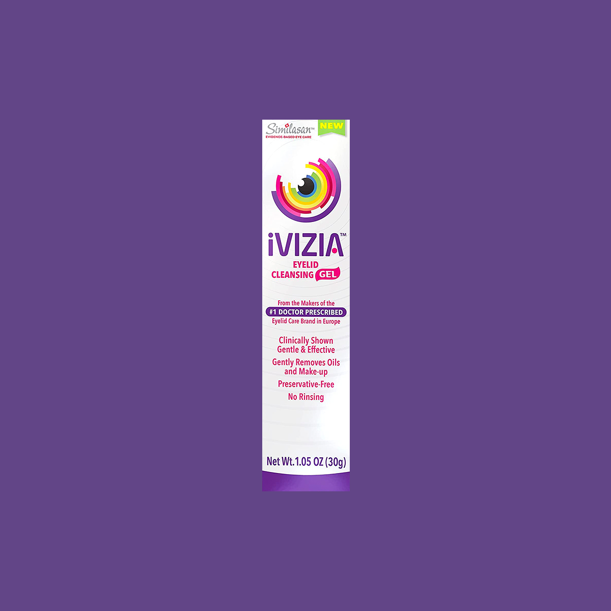 Displayed on a purple background, Theas iVIZIA Eyelid Cleansing Gel is designed for sensitive eyelids. This 1.05 oz, preservative-free gel is gentle, clinically proven, and recommended by eye doctors.